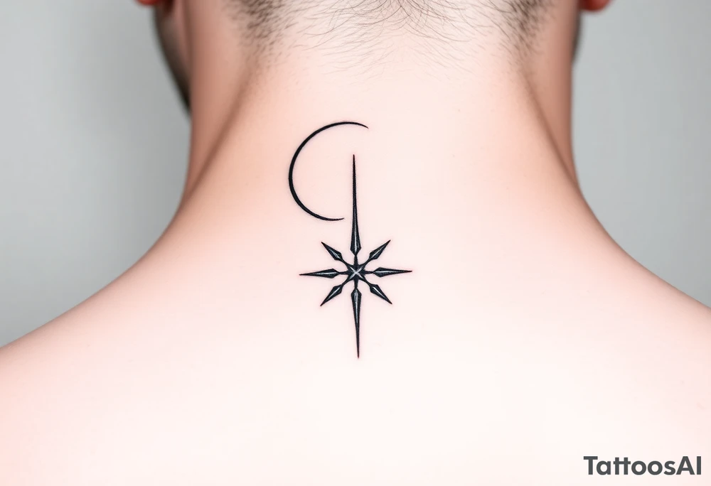 A minimalist crescent moon neck tattoo positioned just behind the ear. The crescent moon is thin and curves to the left. A sharp vertical line extends downward from the inner curve of the moon, intersecting with a symmetrical starburst shape at the center of the line. The starburst has four points — the top and bottom points are elongated, while the horizontal points are shorter, giving it a sleek and modern look. The design features clean, thin lines with a slightly hand-drawn feel, combining celestial and geometric elements. The tattoo follows the natural curve of the neck, giving it an elegant and balanced appearance. tattoo idea