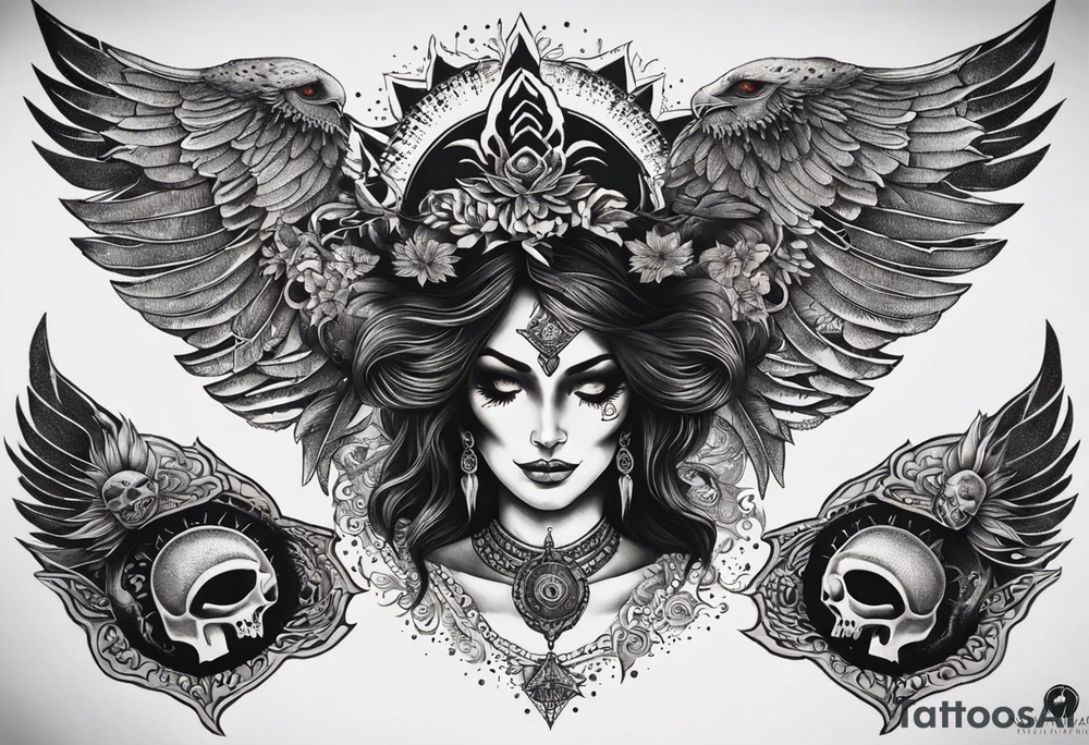 black kali, goddess pirate, alien, angel, pachamama, valkrye, warrior, flying, skull, lotus azul, wing, eagle, zenza resonance, stars, 5D, anahata chakra, death, durga, riding on a tiger, flying lady, kundalini, chest tatoo, rebel tattoo idea