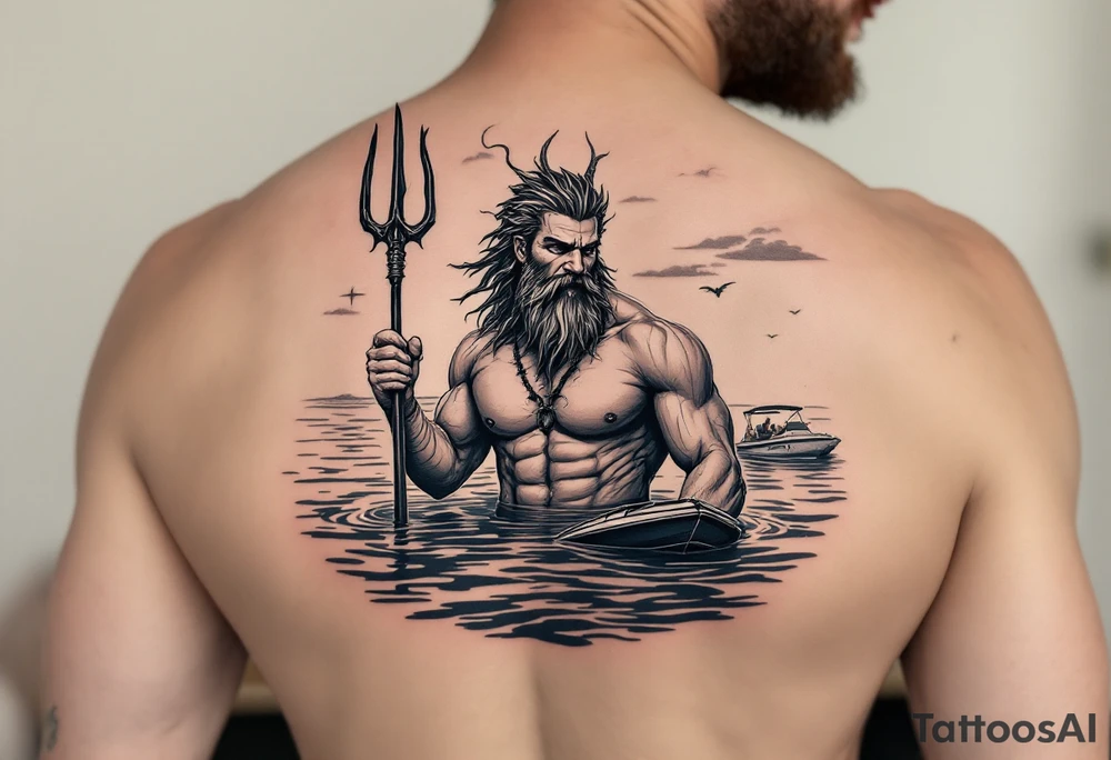 young, happy, fit poseidon in calm water, holding a trident, drinking a beer, with sunset, with ski boat tattoo idea