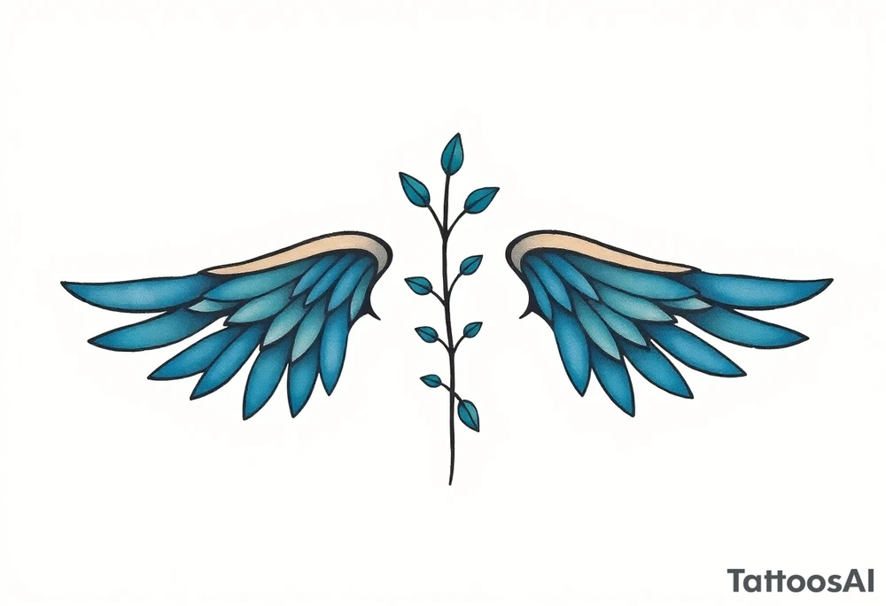 A minimalist wings tattoo that represents a shattered and betrayed gemini woman who fought hard throughout this year. With colors blue and black. Make it unique and rare. Without leaves and stem. tattoo idea