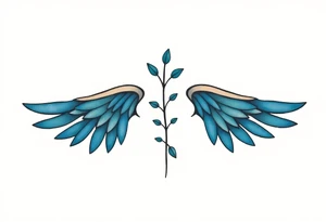 A minimalist wings tattoo that represents a shattered and betrayed gemini woman who fought hard throughout this year. With colors blue and black. Make it unique and rare. Without leaves and stem. tattoo idea