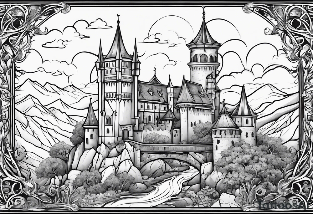 medieval tribal city 
floral  land  vignette tattoo idea