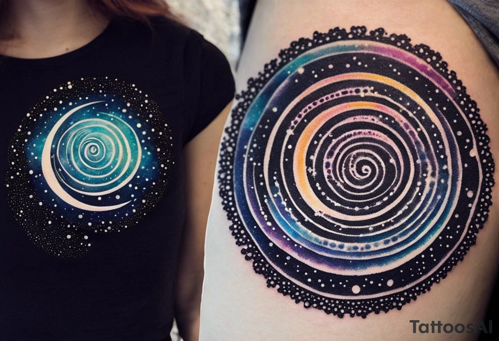 I want a spiral nebula space galaxy tattoo that's colorful and bright and cute and is nice to look at I don't want a traditional circle I want it like the ones thay look like an s shape and this tattoo will be on my left buttcheek and light colors I want more spread and less circle tattoo idea