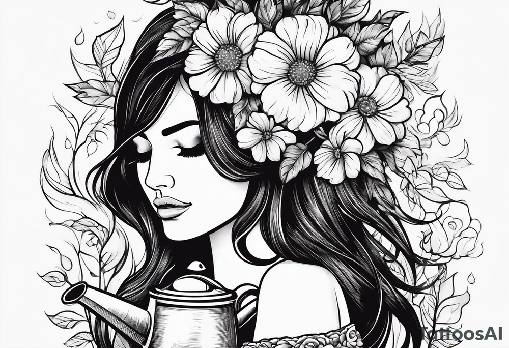 woman with flowers coming out of head with watering can in one hand watering her head with the other arm across her body holding her shoulder tattoo idea