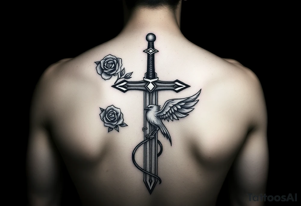 Cross sword on arm darkened in with roses pearls on the sword and a small phoenix rising from the ashes feminine tattoo idea
