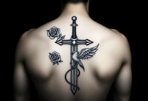 Cross sword on arm darkened in with roses pearls on the sword and a small phoenix rising from the ashes feminine tattoo idea