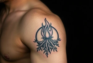 flame in a blooming roots circle tattoo idea