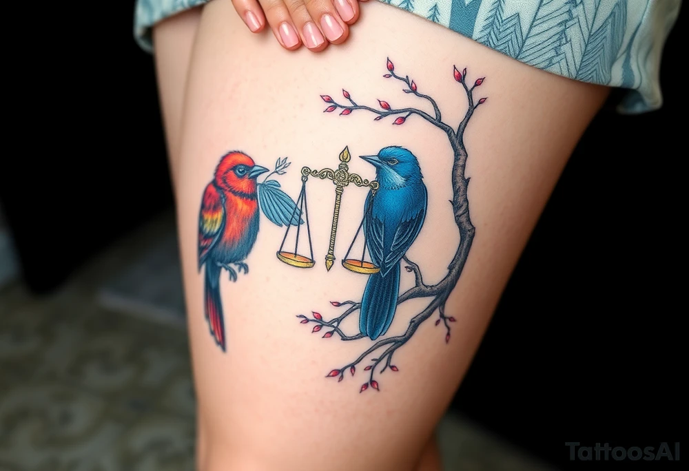 2 birds as the focus, 1 red bird in a suit, 1 navy blue bird with glasses, scales of justice in a tree, starry night painting and mountain background tattoo idea