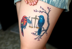 2 birds as the focus, 1 red bird in a suit, 1 navy blue bird with glasses, scales of justice in a tree, starry night painting and mountain background tattoo idea