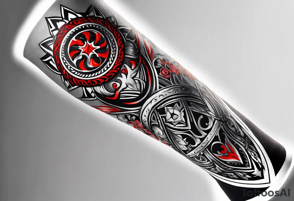 Arm sleeve, black, gray, silver, red, tribal, include elements of fire, include elements of  motorcycles, include elements of  Folkstyle wrestling tattoo idea