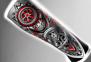 Arm sleeve, black, gray, silver, red, tribal, include elements of fire, include elements of  motorcycles, include elements of  Folkstyle wrestling tattoo idea
