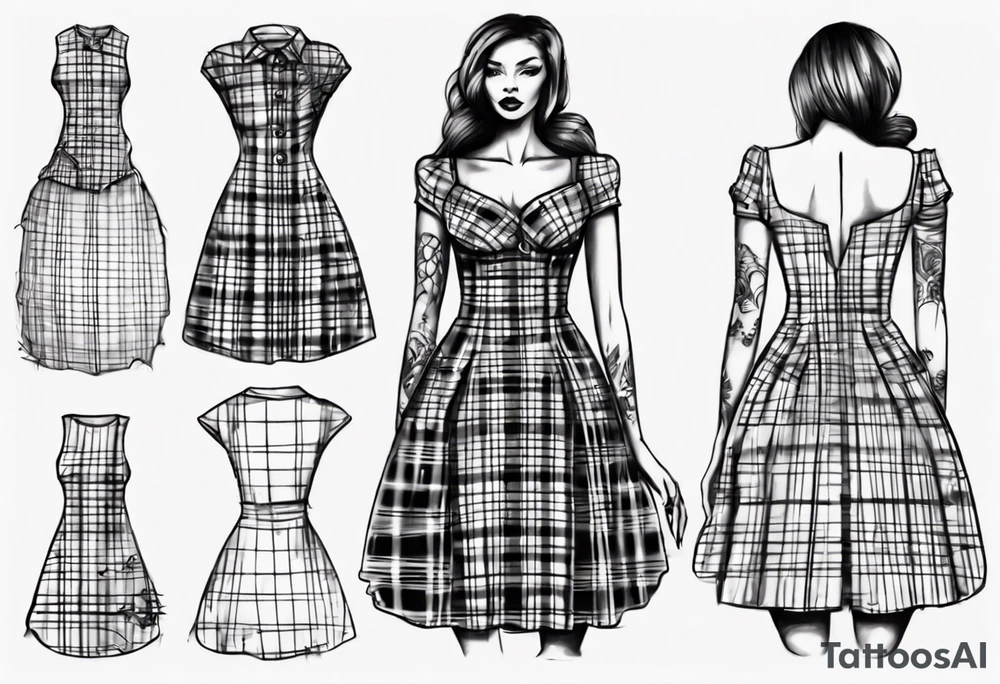 sketch of a plaid dress on a tailor's model tattoo idea