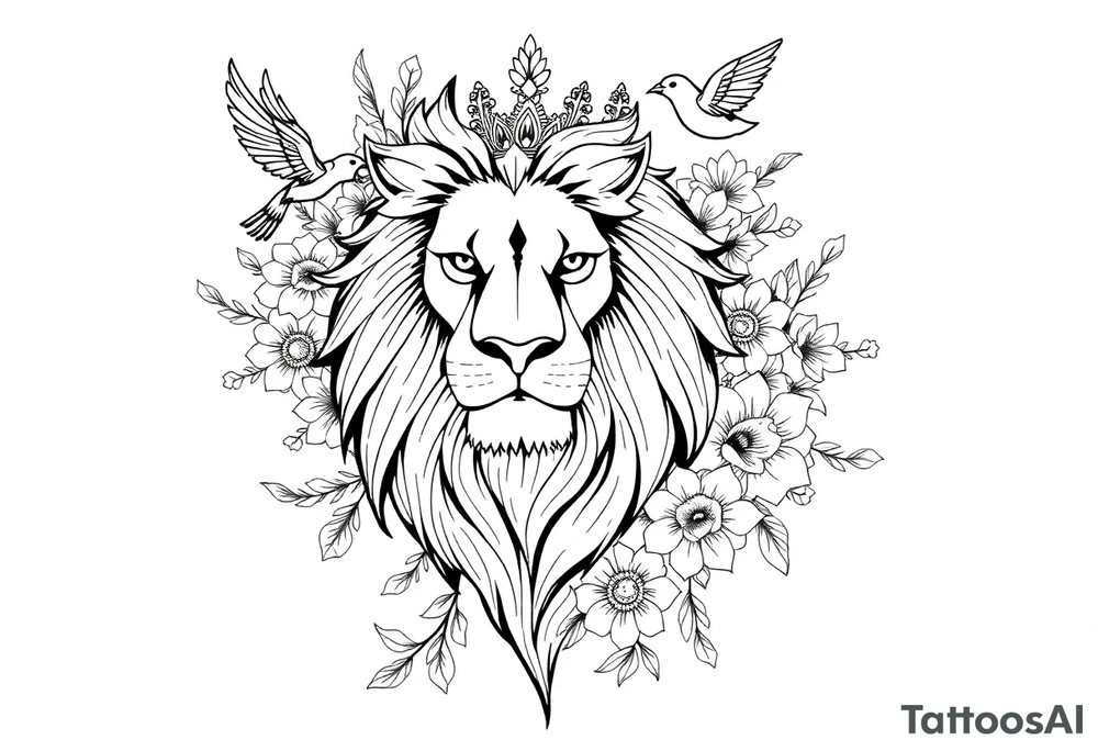 powerful majestic lion with a crown, surrounded by floral ornaments and birds tattoo idea