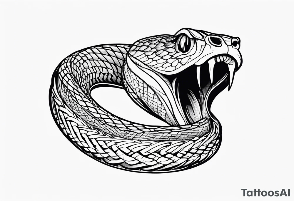 Copperhead coiled up with head turned up and mouth open and copper colored eyes tattoo idea