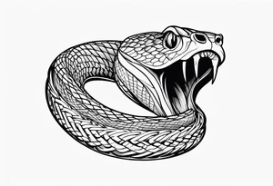 Copperhead coiled up with head turned up and mouth open and copper colored eyes tattoo idea