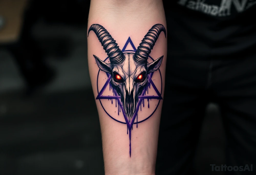 A demonic goat skull with glowing red eyes, fused into a dark purple pentagram - five pointed star, dripping with shadows. tattoo idea