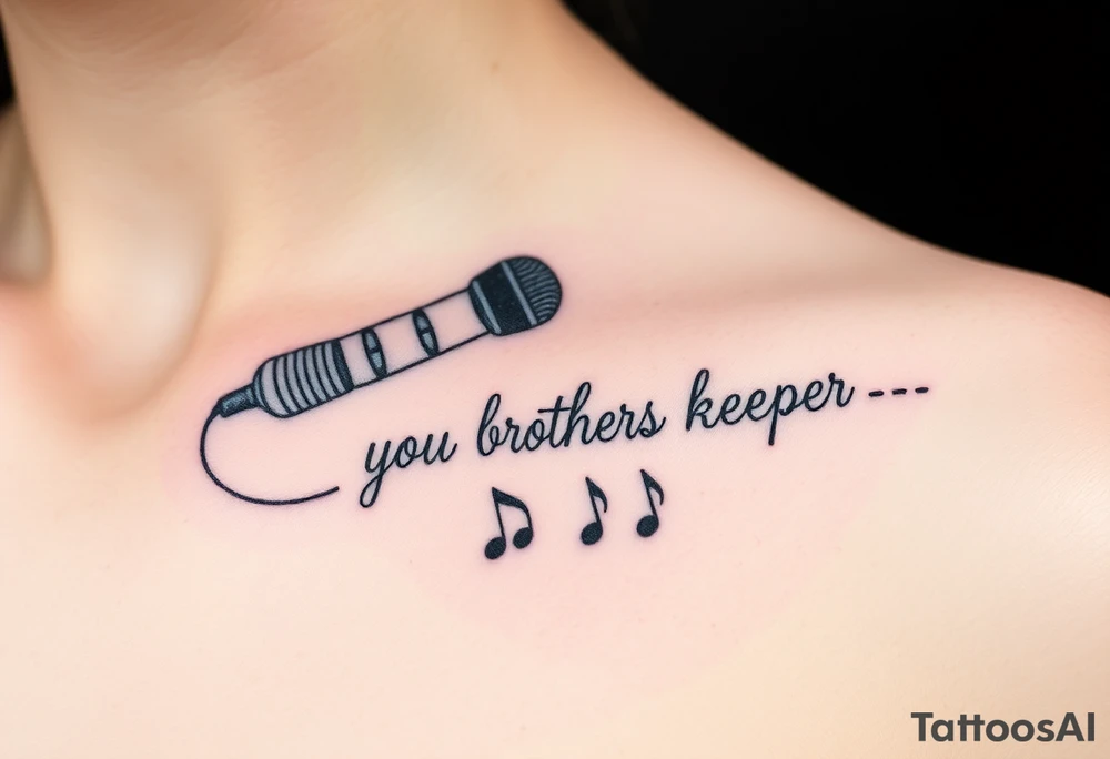 A microphone wire mixed together and writing the words “My brothers keeper” and music notes tattoo idea
