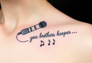 A microphone wire mixed together and writing the words “My brothers keeper” and music notes tattoo idea