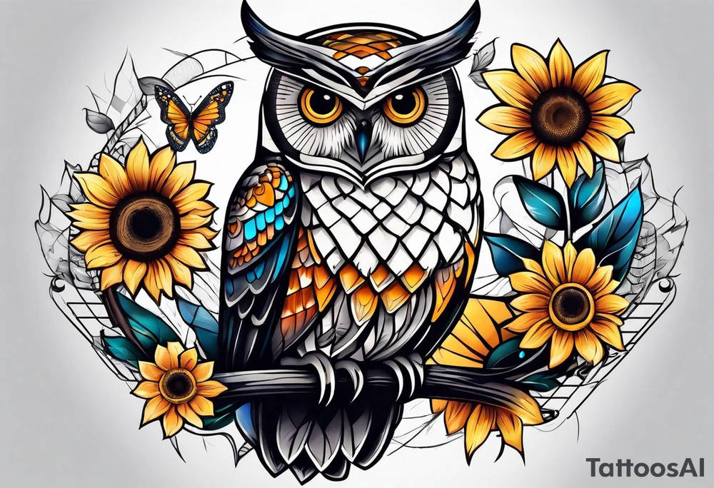Owl, butterfly and sunflower are sleeve tattoo idea