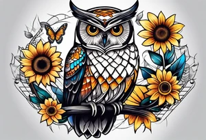 Owl, butterfly and sunflower are sleeve tattoo idea