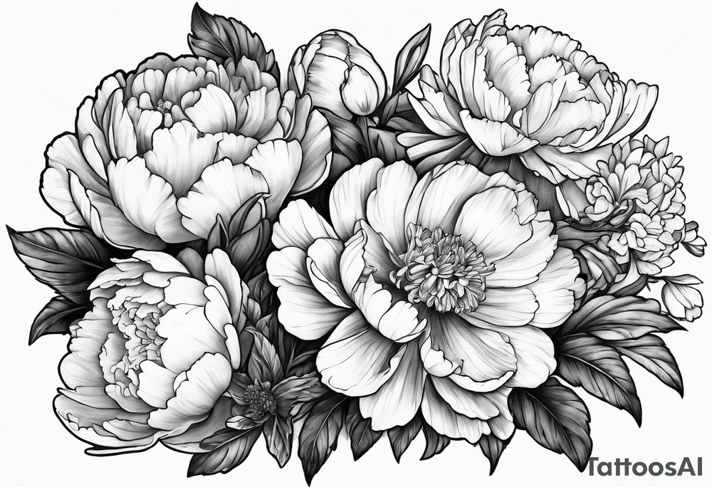 A stemless marigold, peony, and narcissus side by side tattoo idea