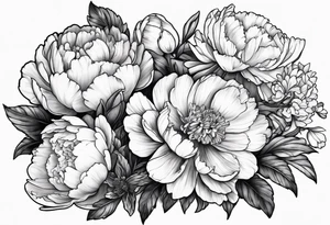 A stemless marigold, peony, and narcissus side by side tattoo idea