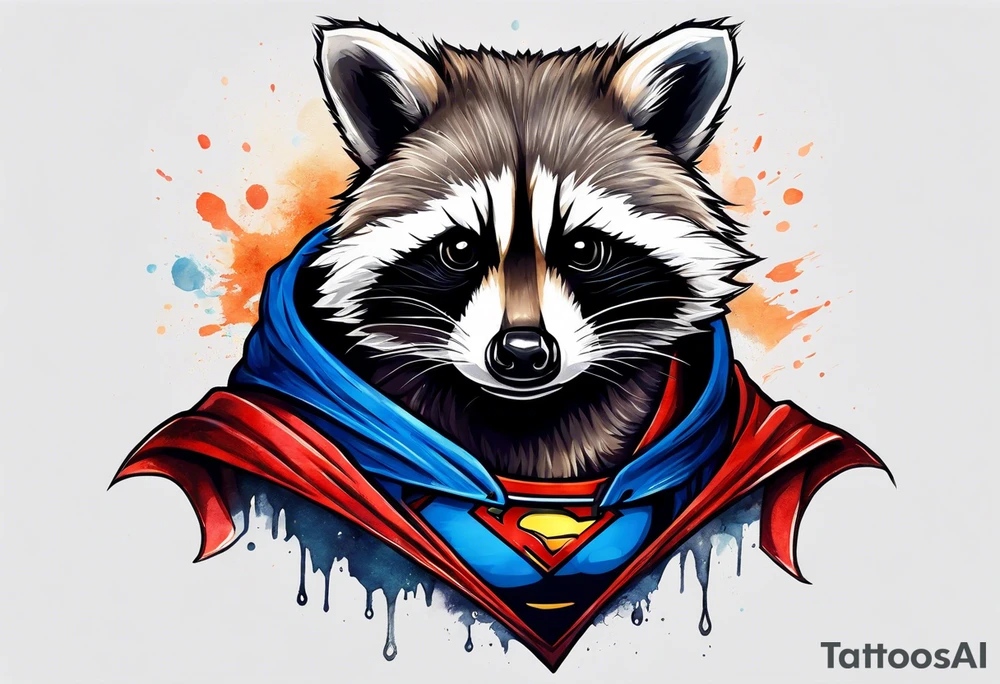 raccoon wearing a Superman hoodie tattoo idea