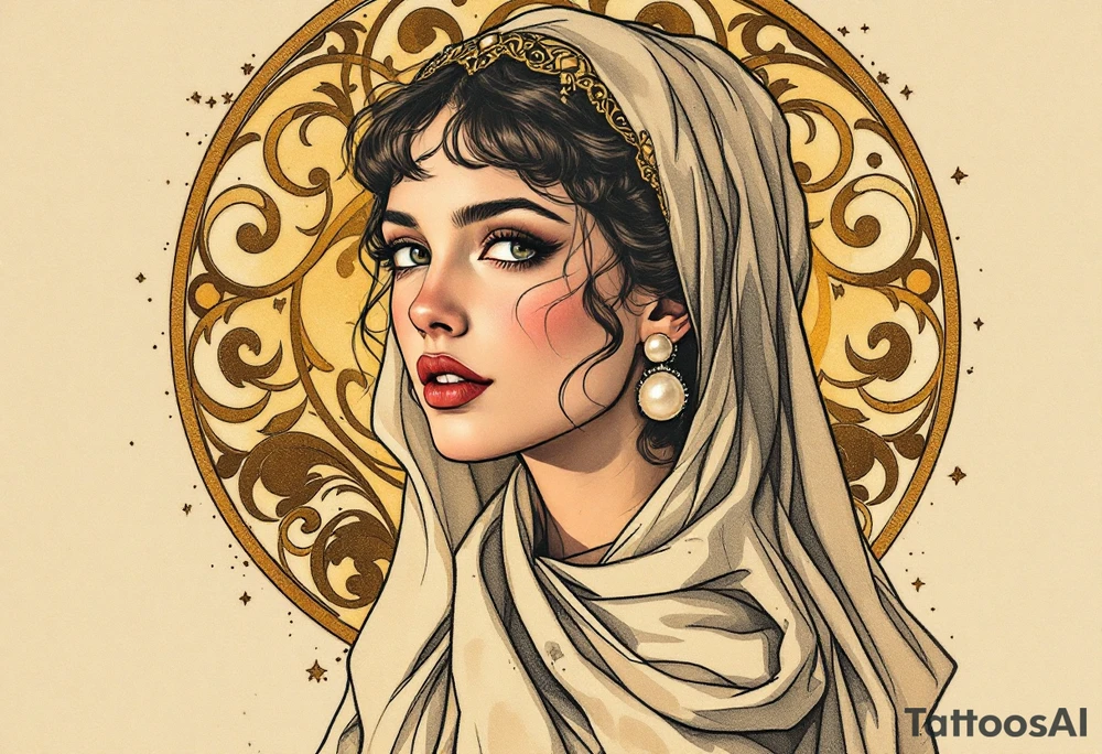 Alfons Mucha’s art nouveau woman with pearl earrings, flowing beige scarf, and a backdrop of swirling bronze flourishes. tattoo idea