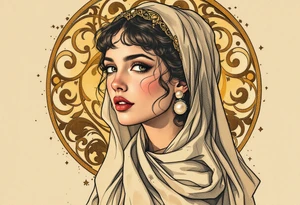 Alfons Mucha’s art nouveau woman with pearl earrings, flowing beige scarf, and a backdrop of swirling bronze flourishes. tattoo idea