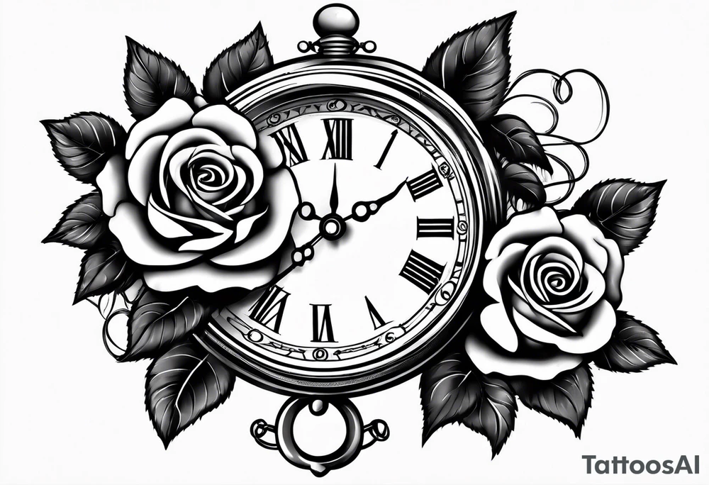 Pocket clock with chain and roses tattoo idea