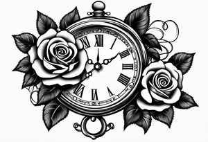 Pocket clock with chain and roses tattoo idea