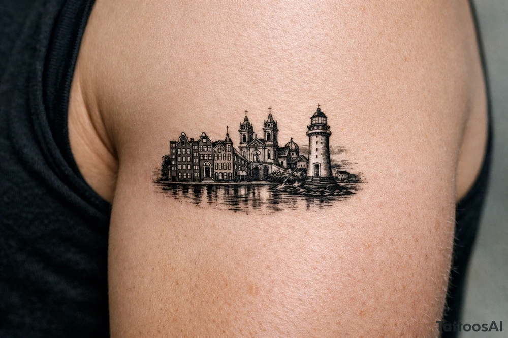 Cityscape silhouette of Amsterdam canal houses and Braga cathedral, with New Brighton lighthouse. tattoo idea