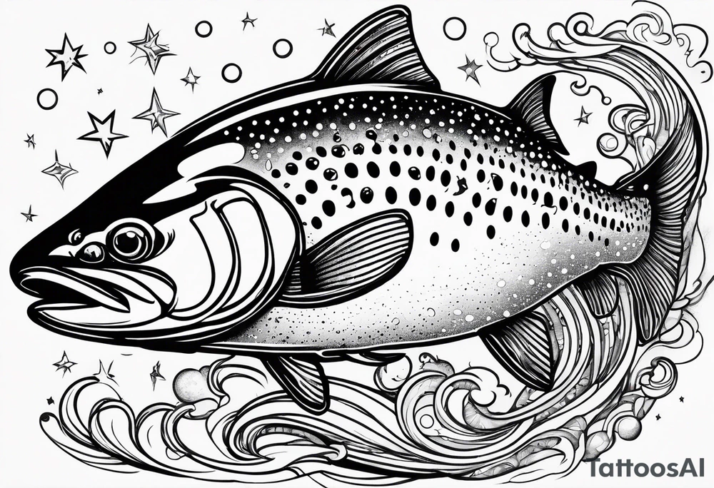 A rainbow trout jumping out of rapid waters and into  constellations and the universe tattoo idea