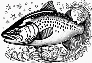 A rainbow trout jumping out of rapid waters and into  constellations and the universe tattoo idea