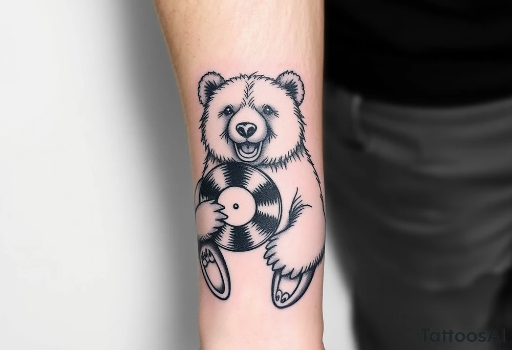 happy bear holding a vinyl record tattoo idea