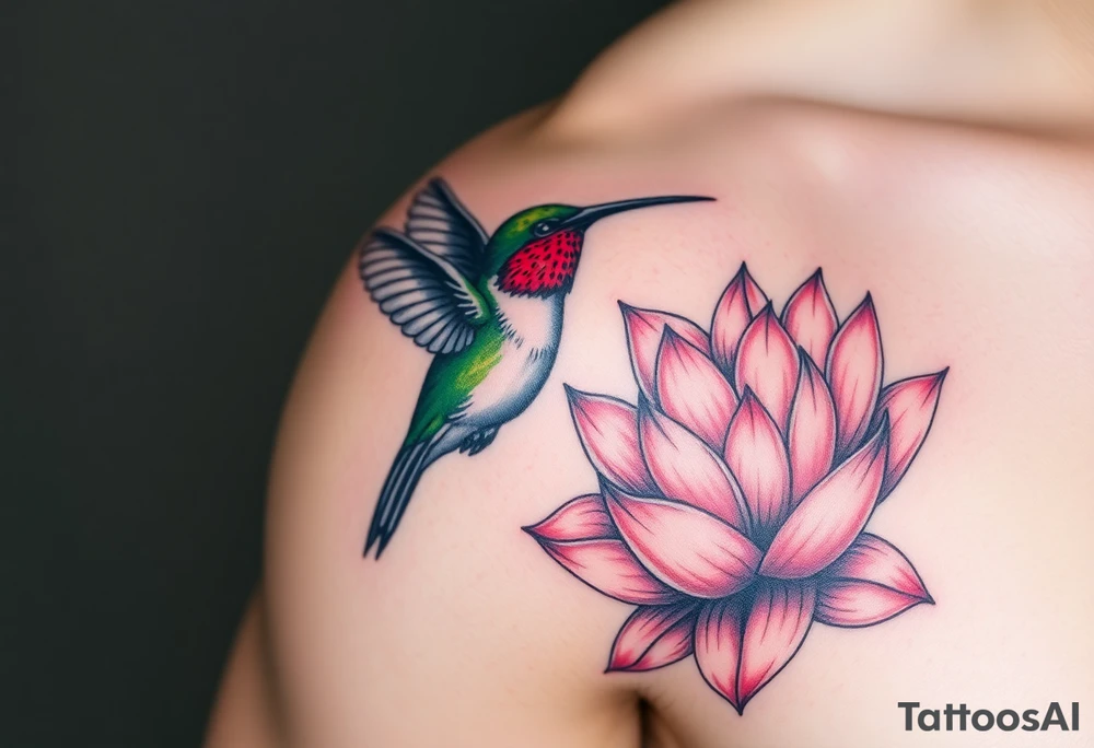 A hummingbird drinking nectar from an Egyptian lotus, make bird black (only red , blue and black are possible colors) tattoo idea