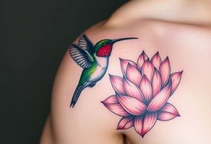 A hummingbird drinking nectar from an Egyptian lotus, make bird black (only red , blue and black are possible colors) tattoo idea