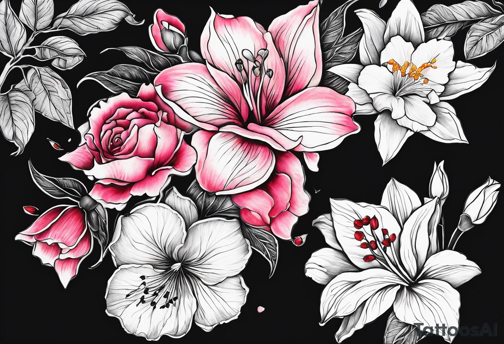 Rose, lily, gladioli, cherry blossom, forget me nots tattoo idea