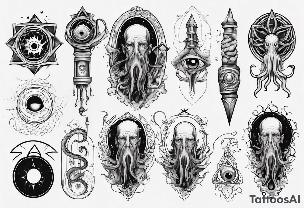 lovecraft long tattoo to put on the forearm, with eye and tentacle tattoo idea