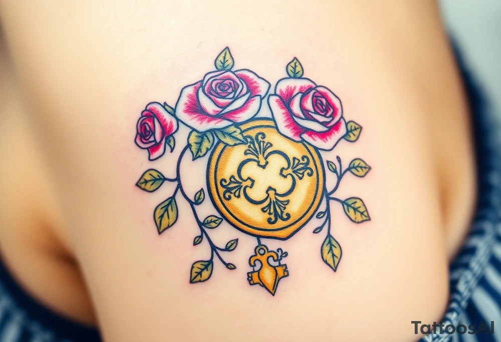 A rose-covered golden lock with a floral-shaped key, with vines wrapping gently around them tattoo idea