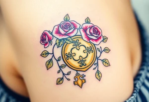 A rose-covered golden lock with a floral-shaped key, with vines wrapping gently around them tattoo idea