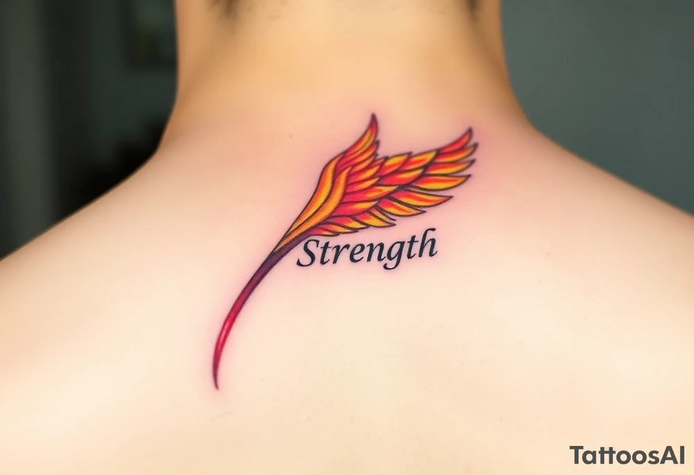 A golden phoenix feather with a fiery red glow, featuring the word "Strength", symbolizing resilience and passion in love tattoo idea