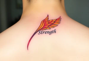 A golden phoenix feather with a fiery red glow, featuring the word "Strength", symbolizing resilience and passion in love tattoo idea