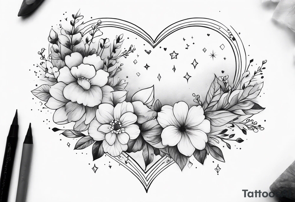 Ethereal, magic, clouds, sparkles, magic, flowers. The heart is positioned right below the elbow. The design will wrap around the forearm tattoo idea