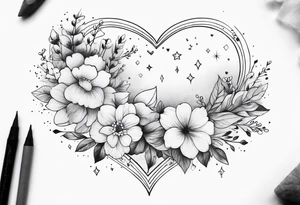 Ethereal, magic, clouds, sparkles, magic, flowers. The heart is positioned right below the elbow. The design will wrap around the forearm tattoo idea