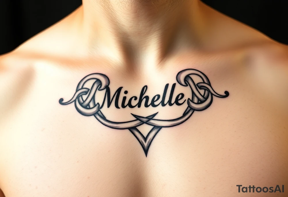 Create a tattoo on a man’s chest if a woman’s name Michelle. Irish or infinity celtic knot theme tattoo idea