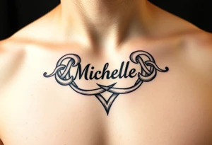 Create a tattoo on a man’s chest if a woman’s name Michelle. Irish or infinity celtic knot theme tattoo idea