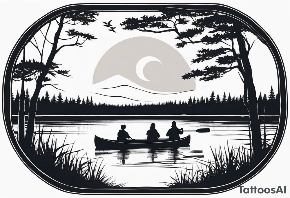 The tattoo design depicts a serene nature scene, framed within a semi-circular border. In the foreground, there are two people sitting in a canoe on a calm lake. They are paddling towards the horizon, with one person sitting at the back of the canoe and the other at the front. The back view of the people suggests a peaceful and contemplative moment shared between them.

In the background, there are majestic mountains with peaks covered in snow, creating a dramatic and picturesque landscape. The mountains are flanked by tall pine trees on either side, adding to the wilderness feel of the scene. Above the mountains, a large sun is either rising or setting, casting a tranquil glow over the entire scene. Birds are flying in the sky, adding to the sense of freedom and natural beauty.

The entire scene is rendered in a minimalist, black and white, line-drawing style, giving it a clean and elegant appearance. The semi-circular frame around the design focuses attention on the central elements and adds a sense of completeness to the image. black and white tattoo idea