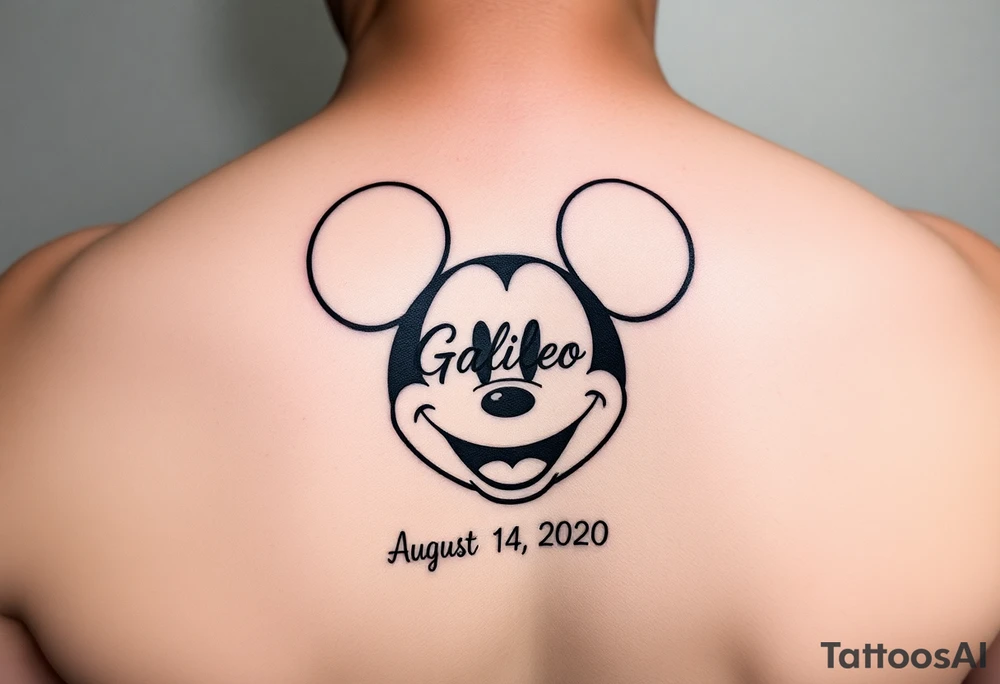 mickey mouse symbol with the name Galileo and the date August 14,2020, incorporated tattoo idea