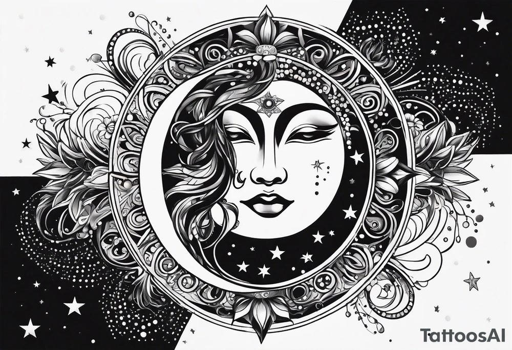 Feminine Sun and moon. long rectangular sternum swirls with dots and stars tattoo idea